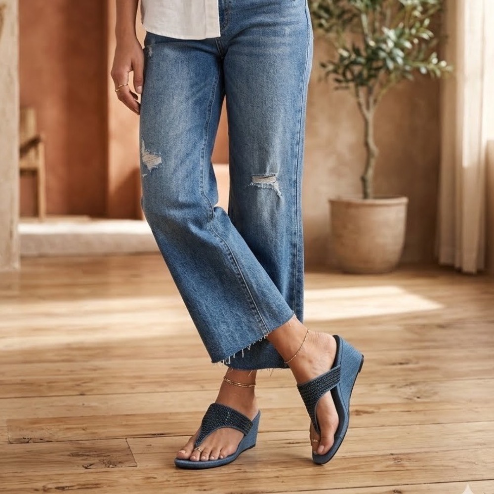 Simply Vera Vera Wang Blue Denim Rhinestone Wedge Sandals Slides Womens 8.5 M